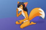  2015 anthro asphyxiation black_hair black_nose blue_eyes blush canid canine countershading cuntboy dipstick_tail fox fur hair holding_object holding_sex_toy intersex jasentamiia mammal mouthless multicolored_tail nude orange_fur renee_(jasen_tamiia) sex_toy simple_background solo vibrator white_fur 