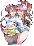  2girls baseball_cap blue_eyes blush breasts brown_hair creatures_(company) double_bun enpe eyes_closed game_freak hair_bun hand_on_another&#039;s_head happy hat highres looking_at_viewer low_twintails mei_(pokemon) multiple_girls navel nintendo one_eye_closed pantyhose pokemon pokemon_(game) pokemon_bw pokemon_bw2 ponytail shirt short_shorts shorts skirt smile touko_(pokemon) twintails vest 