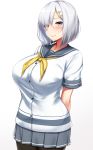  1girl absurdres arms_behind_back blue_eyes blush breasts collarbone grey_skirt hair_ornament hair_over_one_eye hairclip hamakaze_(kantai_collection) highres kantai_collection kusahagane large_breasts looking_at_viewer pleated_skirt sailor_collar school_uniform serafuku short_hair short_sleeves silver_hair simple_background skirt smile solo standing upper_body white_background 