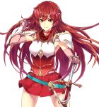  1girl alternate_costume alternate_hair_length alternate_hairstyle armpits belt breastplate cowboy_shot elbow_gloves fire_emblem fire_emblem:_monshou_no_nazo fire_emblem:_shin_ankoku_ryuu_to_hikari_no_tsurugi fire_emblem_heroes floating_hair gloves hand_in_hair hand_on_hilt headband highres long_hair looking_at_viewer minerva_(fire_emblem) miniskirt nintendo pegasus_knight pink_gloves pleated_skirt red_eyes red_hair red_skirt shirt shoulder_armor simple_background skirt sleeveless smile solo sword thighs uro_(oolong) vambraces weapon white_background 