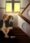  2girls akiyama_mio black_eyes black_hair brown_eyes brown_hair earphones hairband hand_on_own_cheek head_tilt indoors k-on! kneehighs komugiko long_hair multiple_girls shared_earphones shoes short_hair skirt smile socks stairs tainaka_ritsu window 