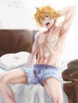  10s 1boy ? @@@ armpit black_gloves black_hair blonde_hair blue_eyes blush bulge feather_(granblue_fantasy) gloves granblue_fantasy highres male_focus muscle nipples on_bed shirt short_hair sitting solo 