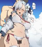  1boy 1girl asymmetrical_bangs bangs banssee bare_shoulders bikini black_ribbon blue_sky blush breasts censored cloud commentary_request day drooling erect_nipples eyebrows_visible_through_hair flower girls_frontline hair_flower hair_ornament hair_ribbon heart hetero highres korean_text large_breasts long_hair muscle navel one_eye_closed open_mouth outdoors penis pussy pussy_juice red_eyes ribbon saliva sex short_hair side-tie_bikini silver_hair sky spas-12_(girls_frontline) spoken_heart standing standing_sex stomach sweat swimsuit tearing_up trembling twintails white_bikini 