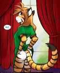  2019 anthro black_stripes bottomless breasts brown_hair brown_nose clothed clothing clothing_lift detailed_background digital_media_(artwork) edit english_text felid female flora_(twokinds) fur green_clothing green_shirt green_topwear hair hands_behind_back hi_res keidran looking_back mammal orange_fur pantherine rear_view shirt shirt_lift solo speech_bubble standing striped_fur stripes text tiger tom_fischbach topwear twokinds webcomic white_fur yellow_eyes 