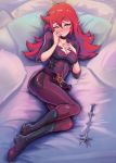  1girl absurdres bed bed_sheet belt bent_knees blush bodysuit boots breasts choker cleavage closed_mouth collarbone covered_navel full_body hair_between_eyes highres little_witch_academia long_hair looking_at_viewer matching_hair/eyes medium_breasts pillow red_eyes red_hair shiny_chariot solo toastyscones wand wavy_mouth 