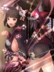  1girl :d absurdres animal_ear_fluff animal_ears ass azur_lane bangs bell black_hair black_kimono blunt_bangs breasts cat_ears cat_tail eyebrows_visible_through_hair fang fish highres huge_breasts japanese_clothes jingle_bell kimono leaning_forward long_sleeves looking_at_viewer mask mask_on_head open_mouth paw_pose red_eyes short_hair short_kimono sideboob smile solo standing tail tail_bell thighhighs twitter_username unmeinobasho white_legwear wide_sleeves yamashiro_(azur_lane) 