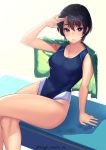  1girl adjusting_hair black_hair blue_eyes blue_swimsuit commentary_request competition_swimsuit feet_out_of_frame green_towel highres kagematsuri legs_crossed light_rays looking_at_viewer one-piece_swimsuit original shadow short_hair simple_background sitting solo sunbeam sunlight swimsuit towel towel_around_neck twitter_username white_background 