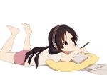  1girl akiyama_mio black_eyes black_hair book feet k-on! komugiko long_hair lying pen short simple_background white_background 