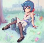  1girl absurdres bare_shoulders black_legwear blue_eyes blue_hair blush bow choker closed_mouth constanze_amalie_von_braunschbank-albrechtsberger dress full_body grass hair_bow highres jewelry little_witch_academia long_hair looking_at_viewer mary_janes matching_hair/eyes necklace outdoors serious shoes sitting solo tied_hair toastyscones white_dress 
