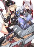  2girls 5boys absurdres azur_lane bangs bismarck_(azur_lane) black_legwear blonde_hair blue_eyes breasts charleianbrown cleavage eyebrows_visible_through_hair finger_to_mouth flag flag_print gloves hair_between_eyes hat headgear highres iron_cross long_hair military military_uniform mole mole_on_breast multicolored_hair multiple_boys multiple_girls prinz_eugen_(azur_lane) red_hair rigging rock_band sabaton_(band) sideboob silver_hair streaked_hair two_side_up uniform 