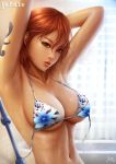  1girl armpits arms_behind_head bangs bathroom bikini bikini_top blue_bikini breasts cleavage collarbone comic dated floral_print hair_between_eyes indoors large_breasts long_hair looking_at_viewer nami_(one_piece) navel one_piece orange_hair orange_lips parted_lips short_hair showering sidelocks signature solo stomach swimsuit tattoo underboob untied untied_bikini upper_body wet yupachu 