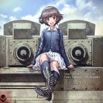  1girl 7tp :d absurdres akiyama_yukari arm_support bangs black_footwear black_legwear blue_jacket blue_sky boots brown_eyes brown_hair character_name cloud cloudy_sky commentary_request day english_text eyebrows_visible_through_hair girls_und_panzer green_shirt ground_vehicle head_tilt highres jacket legs_crossed legs_up long_sleeves looking_at_viewer messy_hair military military_uniform military_vehicle miniskirt motor_vehicle ooarai_military_uniform open_mouth outdoors piroishi pleated_skirt shadow shirt short_hair skirt sky smile socks solo tank uniform white_skirt zipper 