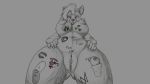  1md3f4ul7 2019 anthro breasts canid canine canis domestic_dog ear_piercing female greyscale hair hands_on_hips hi_res looking_at_viewer low-angle_view mammal monochrome nipples nude piercing pussy radon sketch solo tattoo 