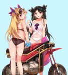  2girls absurdres ass back bangs bare_shoulders bikini black_ribbon blonde_hair blue_background blush breasts brown_bikini chewing_gum collarbone earrings ereshkigal_(fate/grand_order) eyewear_on_head fate/grand_order fate_(series) ground_vehicle hair_ribbon highres hoop_earrings ishtar_(fate/grand_order) ishtar_(swimsuit_rider)_(fate) jacket jewelry long_hair looking_at_viewer motor_vehicle motorcycle multiple_girls navel off_shoulder ohland one-piece_swimsuit open_clothes open_jacket open_mouth parted_bangs pink_jacket red_eyes red_ribbon ribbon simple_background sunglasses swimsuit thighs two_side_up white_swimsuit 