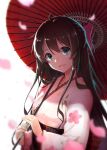  1girl :d akahito bangs blue_eyes blurry_foreground blush breasts brown_hair eyebrows_visible_through_hair floral_print green_eyes hair_ribbon head_tilt highres holding holding_umbrella japanese_clothes kimono lace lace-trimmed_kimono long_hair looking_at_viewer medium_breasts obi open_mouth oriental_umbrella petals pink_kimono ribbon sash sidelocks smile solo tamasaka_makoto tokyo_7th_sisters umbrella upper_body very_long_hair 