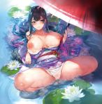  1girl arm_support bangs beads black_hair blue_eyes blunt_bangs blush breasts collarbone comic_bavel eyebrows_visible_through_hair eyelashes flower half-closed_eyes huge_breasts japanese_clothes kimono large_breasts lips long_hair long_sleeves looking_at_viewer lotus lying nipples obi obiage obijime off_shoulder open_clothes open_kimono oriental_umbrella original parted_lips pyon-kichi sash solo spread_legs thighs umbrella water wet wide_sleeves 