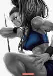  1girl abs bandaid bandaid_on_face bare_arms bare_shoulders black_hair breasts captain_mizuki grey_skin greyscale hand_on_thigh magion02 medal monochrome muscle muscular_female one-punch_man ponytail solo sports_bra sportswear sweat toned wristband 