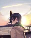  1girl alternate_costume black_hair coat from_behind gradient_sky hood hooded_coat hoodie kantai_collection looking_back mountain ocean railing red_eyes sagamiso short_hair signature sky solo sun sunset upper_body yamashiro_(kantai_collection) 