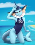  absurd_res anearbyanimal anthro anthrofied beach blush clothing digital_media_(artwork) eeveelution female hi_res looking_at_viewer nintendo peace_sign_(disambiguation) pok&eacute;mon pok&eacute;mon_(species) seaside solo swimwear vaporeon video_games 