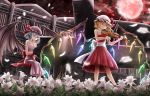  2girls alternate_costume aru0607 bare_arms bare_shoulders bat_wings blonde_hair blue_hair bow_(instrument) breasts collarbone commentary_request crystal dress eyes_visible_through_hair flandre_scarlet flower grand_piano hat hat_ribbon highres holding holding_instrument instrument lavender_dress light_smile lily_(flower) looking_down mob_cap moon multiple_girls music night night_sky outdoors petals piano piano_bench playing_instrument playing_piano red_clouds red_dress red_eyes red_moon remilia_scarlet ribbon sash scarlet_devil_mansion short_hair siblings sisters sitting sky sleeveless sleeveless_dress small_breasts star_(sky) starry_sky strapless strapless_dress touhou violin wings 