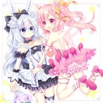  2girls :d animal_ears backless_dress backless_outfit bangs bare_shoulders black_bow bloomers blue_eyes blush bow bunny_ears cat_ears commentary_request crown dress eyebrows_visible_through_hair frilled_dress frills hair_between_eyes hair_bow hair_ribbon holding long_hair mini_crown multiple_girls open_mouth original pink_bloomers pink_dress pink_footwear pink_hair pleated_dress red_eyes ribbon shikito shoe_soles shoes silver_hair smile sparkle star strapless strapless_dress twintails underwear very_long_hair white_dress white_ribbon wings wrist_cuffs yellow_bow 