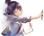  1girl :d bag fate/grand_order fate_(series) hair_bun hair_ornament highres hood hoodie katsushika_hokusai_(fate/grand_order) kito_(kito2) measuring one_eye_closed open_mouth pencil purple_hair satchel shoulder_bag signature simple_background sketch sketchpad smile solo white_background 