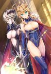  2girls artoria_pendragon_(all) artoria_pendragon_(lancer) artoria_pendragon_(lancer_alter) black_leotard blonde_hair breasts cleavage crown fate/grand_order fate_(series) green_eyes horns kotatsu_(kotatsu358) large_breasts leotard long_hair looking_at_viewer multiple_girls thighhighs yellow_eyes 