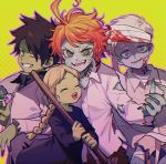  2boys 2girls bandage bandaged_head bandages bdsm black_eyes black_hair black_shirt blonde_hair blood blue_eyes blush bondage bound braid broom child claws dress emma_(yakusoku_no_neverland) evil_smile eyes_closed fang fangs green_eyes green_skin grey_skin hair_ribbon holding ke02152 long_sleeves looking_at_viewer multiple_boys multiple_girls neck_tattoo norman_(yakusoku_no_neverland) number_tattoo open_mouth orange_hair ray_(yakusoku_no_neverland) ribbon shirt short_hair simple_background smile syringe tattoo teeth torn_clothes white_hair white_shirt yakusoku_no_neverland yellow_background zombie 