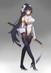 1girl arm_behind_back artist_request azur_lane bangs black_hair black_legwear blush boots bow breasts brown_eyes cameltoe closed_mouth collarbone commentary_request covered_navel erect_nipples eyebrows_visible_through_hair full_body gloves gradient hair_bow holding holding_sword holding_weapon katana large_breasts legs_crossed leotard long_hair looking_at_viewer ponytail solo stomach sword taimanin_suit takao_(azur_lane) thigh_boots thighhighs very_long_hair weapon white_bow 