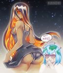  2girls artist_name ass bare_shoulders black_hair black_sclera blackhole-chan blue_hair blush breasts dark_skin earth-chan english_text eyebrows_visible_through_hair from_behind green_hair grin hair_over_one_eye hands_together highres long_hair looking_back looking_down m87_black_hole multicolored_hair multiple_girls niandni one_eye_covered open_mouth orange_eyes orange_hair original panties shirt short_hair sideboob sleeveless sleeveless_shirt smile space speech_bubble star star_(sky) straight_hair sunglasses text_focus underwear very_long_hair 