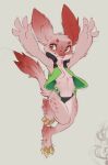  anthro barefoot big_ears breasts clothing digital_media_(artwork) female fluffy fur humanoid_hands paws pink_fur reign-2004 simple_background solo unknown_species 