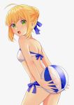  1girl :o ahoge arms_behind_back artoria_pendragon_(all) artoria_pendragon_(swimsuit_archer) ball beachball bikini blonde_hair blue_ribbon braided_bun cowboy_shot fate/stay_night fate_(series) green_eyes grey_background hair_ribbon highres holding holding_ball looking_at_viewer lq_saku ribbon saber short_hair shoulder_blades sidelocks simple_background solo standing strapless strapless_bikini swimsuit transparent white_bikini 