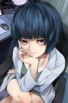  1girl black_hair bob_cut chair coat doctor dress half-closed_eyes highres jewelry legs_crossed mouse necklace nemu_(nebusokugimi) office_chair persona persona_5 short_hair sitting smile smug solo table takemi_tae 