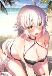  1girl ahoge all_fours bangs bare_shoulders barefoot beach bikini black_bikini blue_sky blush breasts choker cleavage cloud cloudy_sky collarbone day erect_nipples eyebrows_visible_through_hair eyes_visible_through_hair fate/grand_order fate_(series) full_body hair_between_eyes highres jeanne_d&#039;arc_(alter_swimsuit_berserker) jeanne_d&#039;arc_(fate)_(all) large_breasts long_hair looking_at_viewer lowleg lowleg_bikini o-ring ocean open_mouth outdoors palm_leaf sage_joh sand scan shiny shiny_clothes shiny_hair shiny_skin skindentation sky solo swimsuit toes water yellow_eyes 