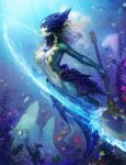  1girl between_breasts breasts center_opening helmet highres jellyfish league_of_legends lionfish medium_breasts mermaid monster_girl nami_(league_of_legends) navel staff tagme tropical_fish underwater zarory 