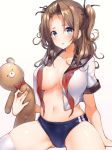  1girl bangs bangs_pinned_back bear blue_eyes breasts brown_hair commentary_request cowboy_shot eyebrows_visible_through_hair hair_ribbon hechi_(hechi322) highres holding holding_stuffed_animal large_breasts long_hair looking_at_viewer navel no_bra open_clothes open_shirt original parted_lips red_neckwear ribbon sailor_collar school_uniform serafuku short_eyebrows short_sleeves sitting skindentation solo spread_legs stuffed_animal stuffed_toy teddy_bear thighhighs thighs two_side_up white_legwear 