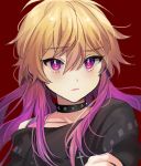  1girl black_shirt blonde_hair collar collarbone eyebrows_visible_through_hair hair_between_eyes idolmaster idolmaster_cinderella_girls ita_(1_oonly) long_hair multicolored_hair ninomiya_asuka off_shoulder pink_hair portrait print_shirt purple_eyes red_background shirt simple_background sketch solo two-tone_hair 