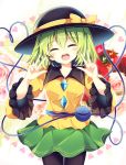  1girl :o ^_^ absurdres black_headwear black_legwear blush bow breasts closed_eyes commentary_request cowboy_shot double_w eyes_closed flower frilled_sleeves frills green_hair green_skirt hands_up hat hat_bow heart heart_of_string highres koishi_day komeiji_koishi long_sleeves looking_at_viewer maturiuta_sorato medium_breasts miniskirt open_mouth pantyhose pink_flower pink_rose red_flower red_rose rose shirt short_hair skirt solo standing third_eye touhou w white_background wide_sleeves yellow_bow yellow_shirt 