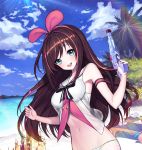  1girl a.i._channel adapted_costume bangs bare_legs bare_shoulders beach bikini black_hair blue_eyes bow breasts brown_hair cloud commentary_request day eyebrows_visible_through_hair gun hairband highres holding kizuna_ai kyundoo long_hair looking_at_viewer medium_breasts multicolored_hair navel outdoors pink_hair pink_hairband sand_castle sand_sculpture shirt sky smile solo streaked_hair sunlight swimsuit tree upper_teeth virtual_youtuber water water_gun weapon white_footwear 