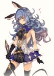  1girl animal_ears bare_shoulders belt black_gloves blue_hair blue_skirt blush breasts brown_eyes bunny_ears cape earrings erune ferry_(granblue_fantasy) gloves granblue_fantasy hyakuhachi_(over3) jewelry long_hair loose_belt sideboob simple_background single_earring skirt small_breasts solo wavy_hair yellow_eyes 