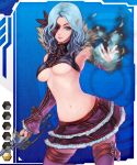  1girl aqua_hair blue_eyes breasts card_(blue) gradient gradient_background lilith-soft medium_breasts navel pointy_ears skirt solo taimanin_(series) taimanin_asagi_battle_arena taimanin_asagi_battle_arena_all_card_gallery underboob weapon 