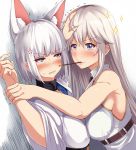  2girls against_wall anger_vein angry animal_ears azur_lane bangs bare_shoulders black_neckwear blue_eyes blunt_bangs blush breast_press breasts clenched_teeth commentary_request enterprise_(azur_lane) eyebrows_visible_through_hair food fox_ears hot_melon japanese_clothes kaga_(azur_lane) kimono large_breasts long_hair long_sleeves looking_at_another multiple_girls necktie parted_lips pocky purple_eyes shiny shiny_skin shirt short_hair silver_hair simple_background sleeveless sleeveless_shirt sparkle symmetrical_docking teeth trembling very_long_hair white_background white_hair white_kimono wide_sleeves wrist_grab 