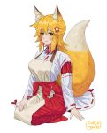  1girl animal_ear_fluff animal_ears apron artist_name blonde_hair blush carlo_montie fox_ears fox_tail full_body hair_ornament ribbon-trimmed_sleeves ribbon_trim seiza senko_(sewayaki_kitsune_no_senko-san) sewayaki_kitsune_no_senko-san simple_background sitting solo tail white_background yellow_eyes 