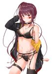 1girl bangs black_bra black_legwear black_panties blush bra breasts character_name choker contrapposto cross cross_earrings earrings eyebrows_visible_through_hair garter_belt garter_straps german_flag girls_frontline groin hair_ribbon hand_in_hair heartsix highres jacket jewelry large_breasts long_hair looking_at_viewer navel necklace o-ring off_shoulder one_side_up open_clothes open_jacket panties purple_hair red_eyes ribbon ring simple_background single_thighhigh skindentation solo stomach thighhighs underwear v-shaped_eyebrows very_long_hair wa2000_(girls_frontline) white_background 