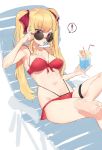  ! 1girl absurdres barefoot bikini blonde_hair breasts cleavage cup drinking_glass drinking_straw eyebrows_visible_through_hair feet food fruit highres long_hair looking_at_viewer medium_breasts nijisanji open_mouth orange orange_slice purple_eyes red_bikini simple_background sitting solo spoken_exclamation_mark suisogenshi sunglasses swimsuit takamiya_rion twintails virtual_youtuber white_background 