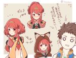  1boy 1girl :d alternate_costume alternate_hairstyle blush border breasts brown_hair commentary_request eyebrows_visible_through_hair hairband homura_(xenoblade_2) hood large_breasts looking_at_viewer looking_back mochimochi_(xseynao) multiple_views nintendo open_mouth red_eyes red_hair rex_(xenoblade_2) short_hair short_ponytail smile translation_request twitter_username white_border xenoblade_(series) xenoblade_2 