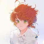  1girl ahoge amulet artist_name bow braid code_057 emma_(yakusoku_no_neverland) green_eyes hair_ribbon looking_at_viewer neck_tattoo number_tattoo orange_hair ribbon shirt short_hair simple_background smile solo tattoo white_background white_shirt yakusoku_no_neverland 