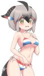  1girl armpits bangs bare_shoulders bikini bird_tail bird_wings black_hair blush breasts collarbone commentary_request cowboy_shot embarrassed eyebrows_visible_through_hair furrowed_eyebrows gluteal_fold greater_roadrunner_(kemono_friends) grey_hair hair_between_eyes hair_tubes hand_on_own_chest hand_up head_wings highres kemono_friends looking_at_viewer medium_breasts multicolored_hair navel ransusan short_hair side-tie_bikini sidelocks simple_background solo star stomach swimsuit white_background wings 