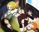  amakusa_shino ball_gag bdsm black_eyes black_hair black_legwear blonde_hair bondage bound crotch_rope frogtie gag hagimura_suzu legwear orange_hair rope school_uniform seitokai_yakuindomo shichijou_aria shoes tsuda_takatoshi yellow_eyes 