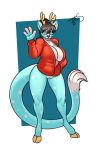  2019 absurd_res anthro antlers big_breasts bottomless breasts cervid clothed clothing domestic_cat eyewear fangs felid feline felis female fluffy fluffy_tail freckles_(artist) fur gesture glasses hair hand_in_pocket hi_res hoodie hooves horn hybrid invalid_tag long_tail mammal pockets ponytail pussy rylie_(hypernovagm) signature simple_background solo spots thick_thighs waving wide_hips 